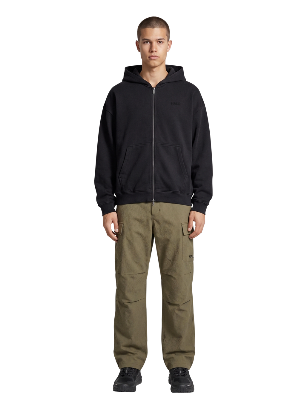 HALO LOGO FULL ZIP HOODIE, BLACK, model