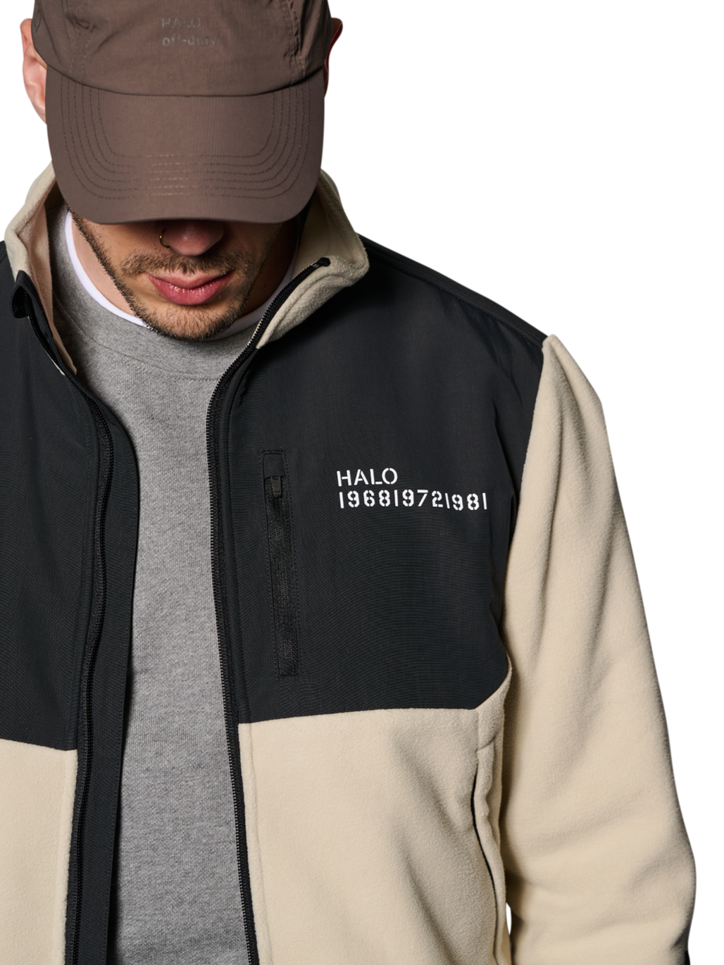 HALO BLOCKED ZIP FLEECE, OYSTER GRAY, model