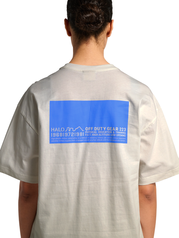 HALO GRAPHIC BOXY T-SHIRT, MARSHMALLOW/PALACE BLUE, model