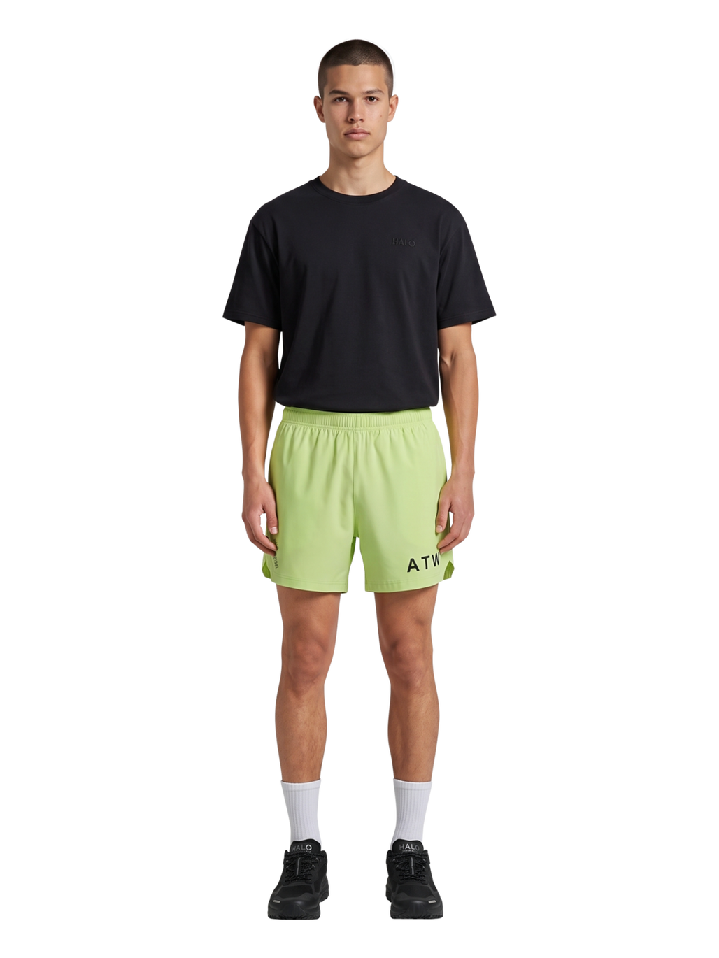 HALO SHORTS, SHADOW LIME, model