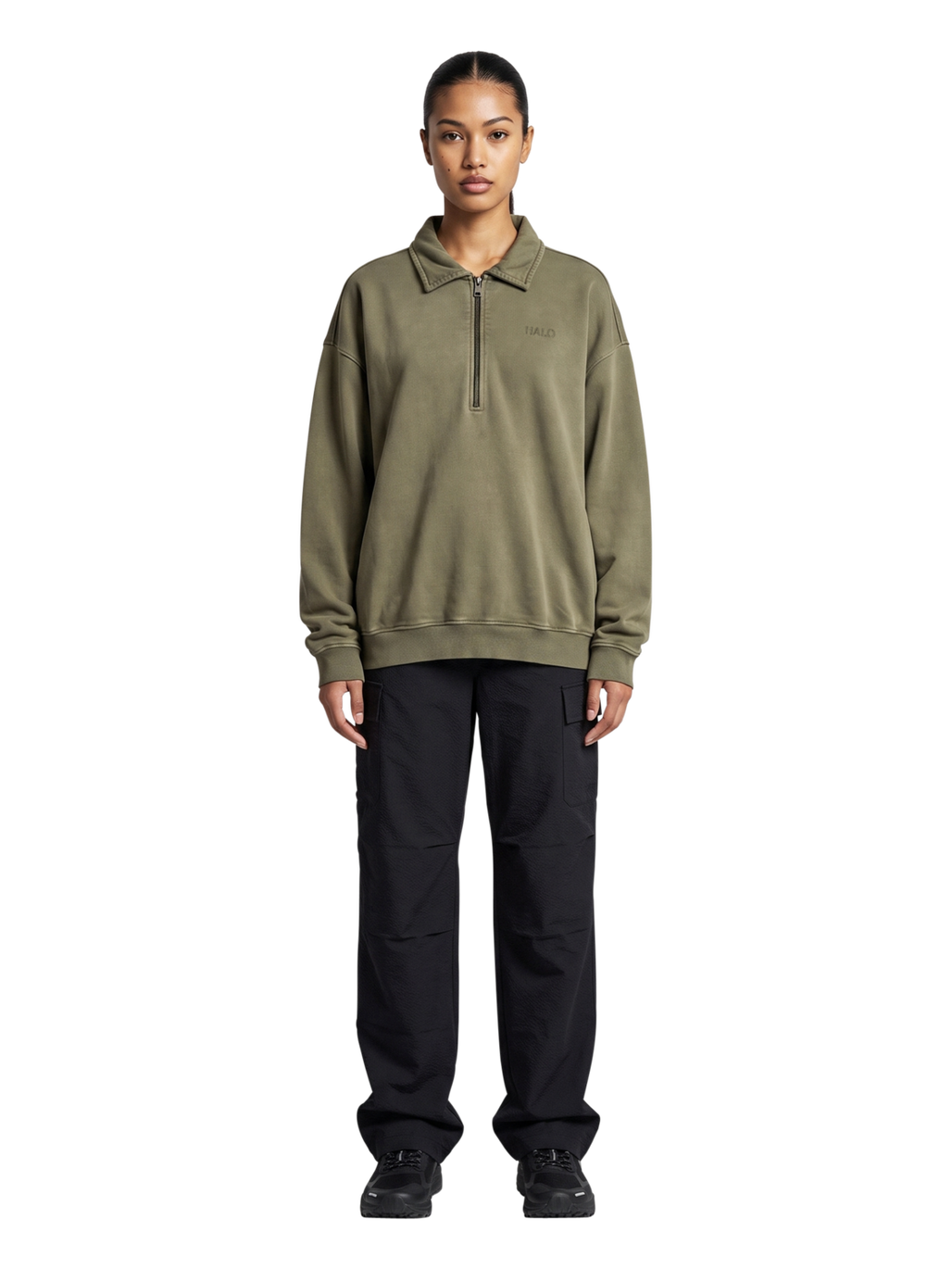 HALO BOXY POLO SWEAT, CAPERS, model