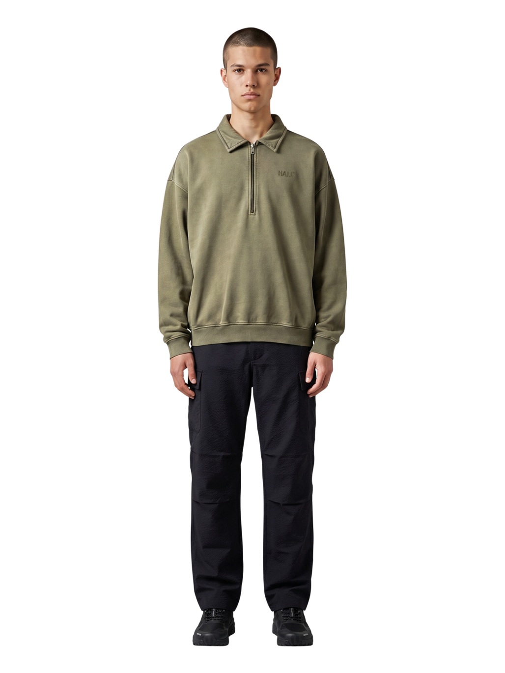 HALO BOXY POLO SWEAT, CAPERS, model
