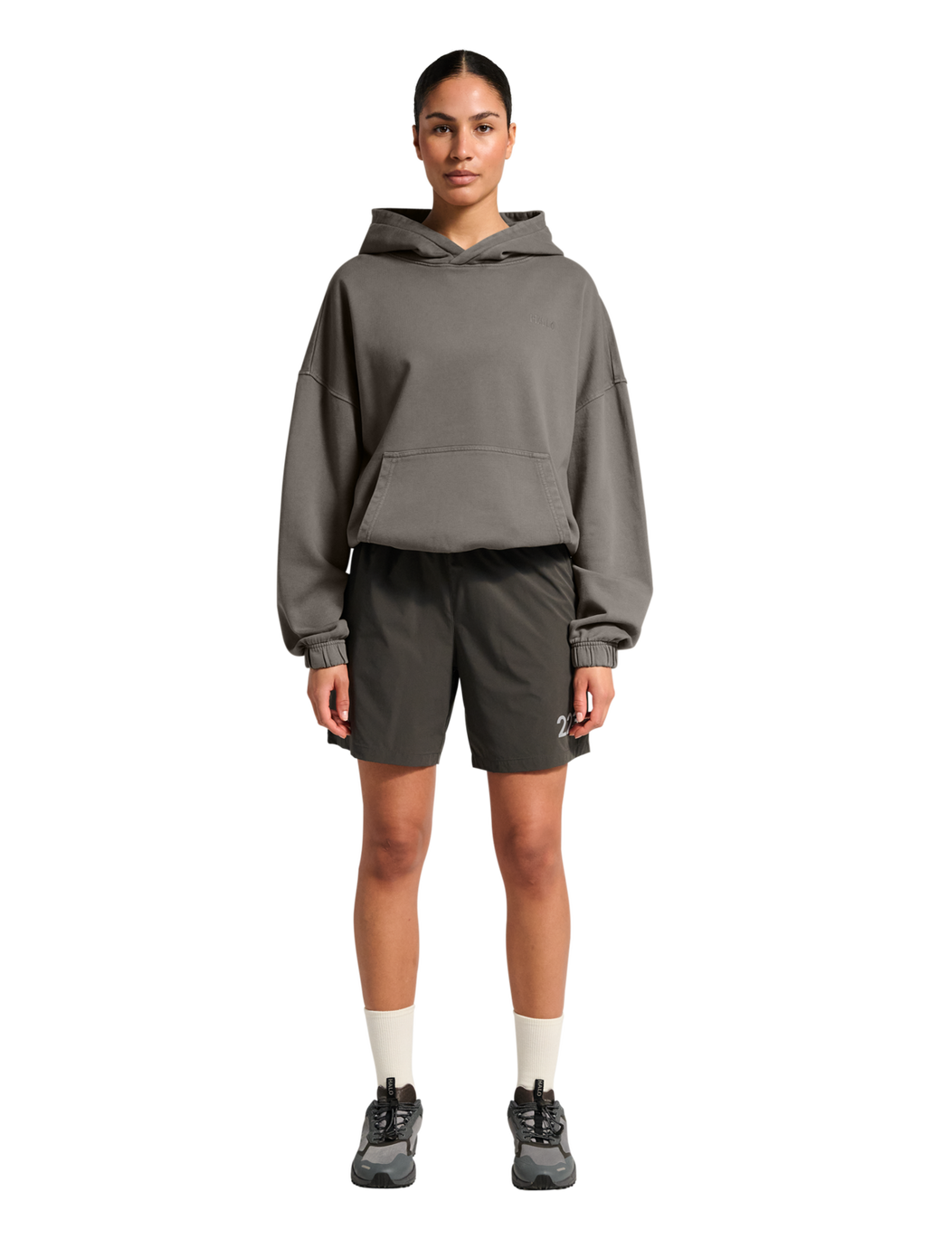 HALO DHOBI BOXY HOODIE, GUNMETAL, model