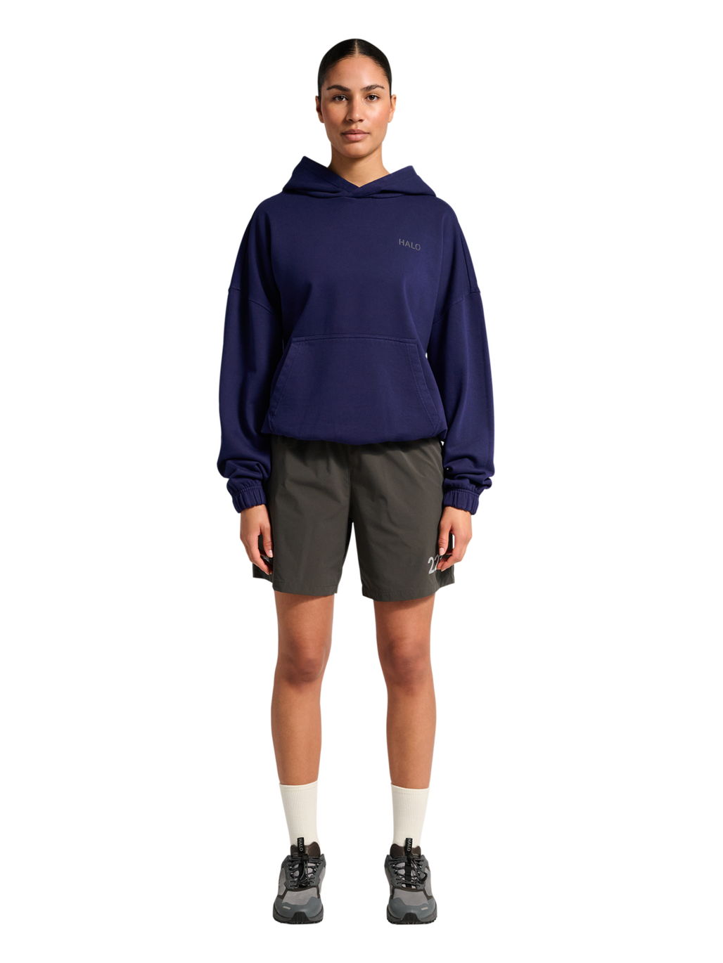 HALO DHOBI BOXY HOODIE, ASTRAL AURA, model