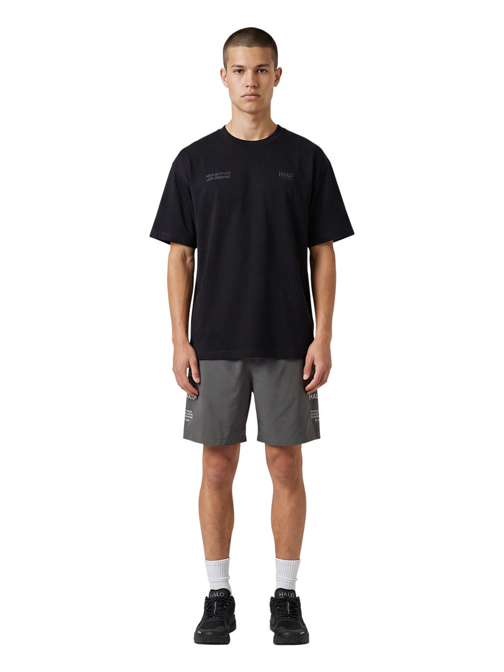 HALO GRAPHIC BOXY T-SHIRT, BLACK/RAVEN, model