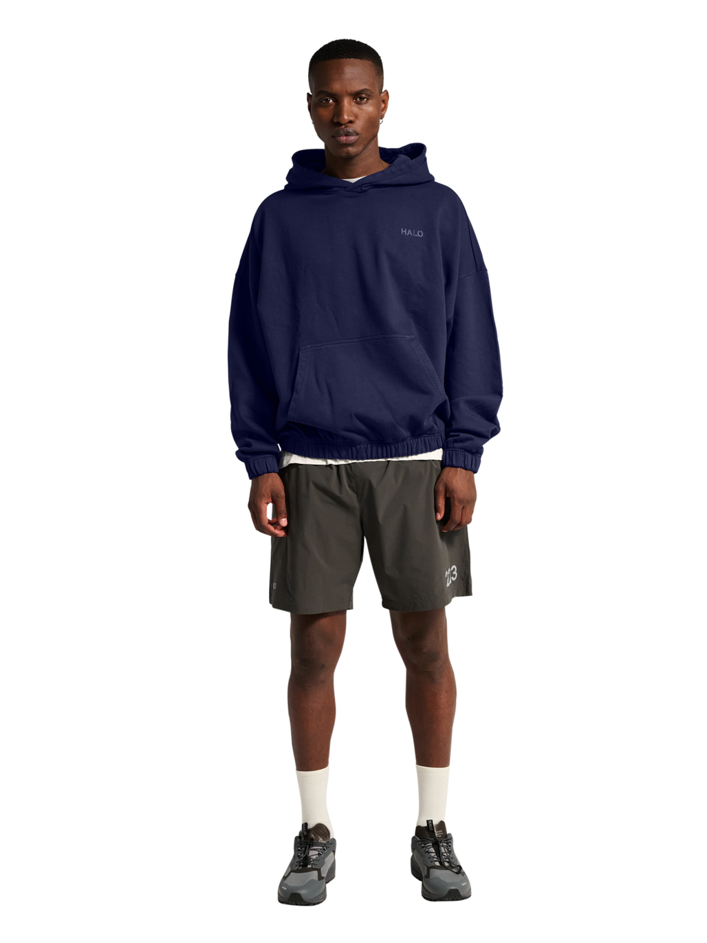HALO DHOBI BOXY HOODIE, ASTRAL AURA, model