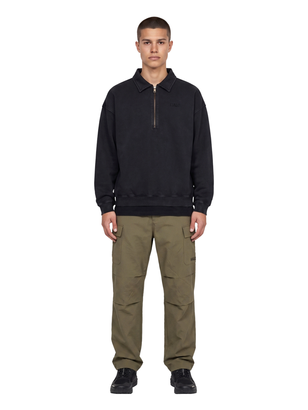 HALO BOXY POLO SWEAT, BLACK, model