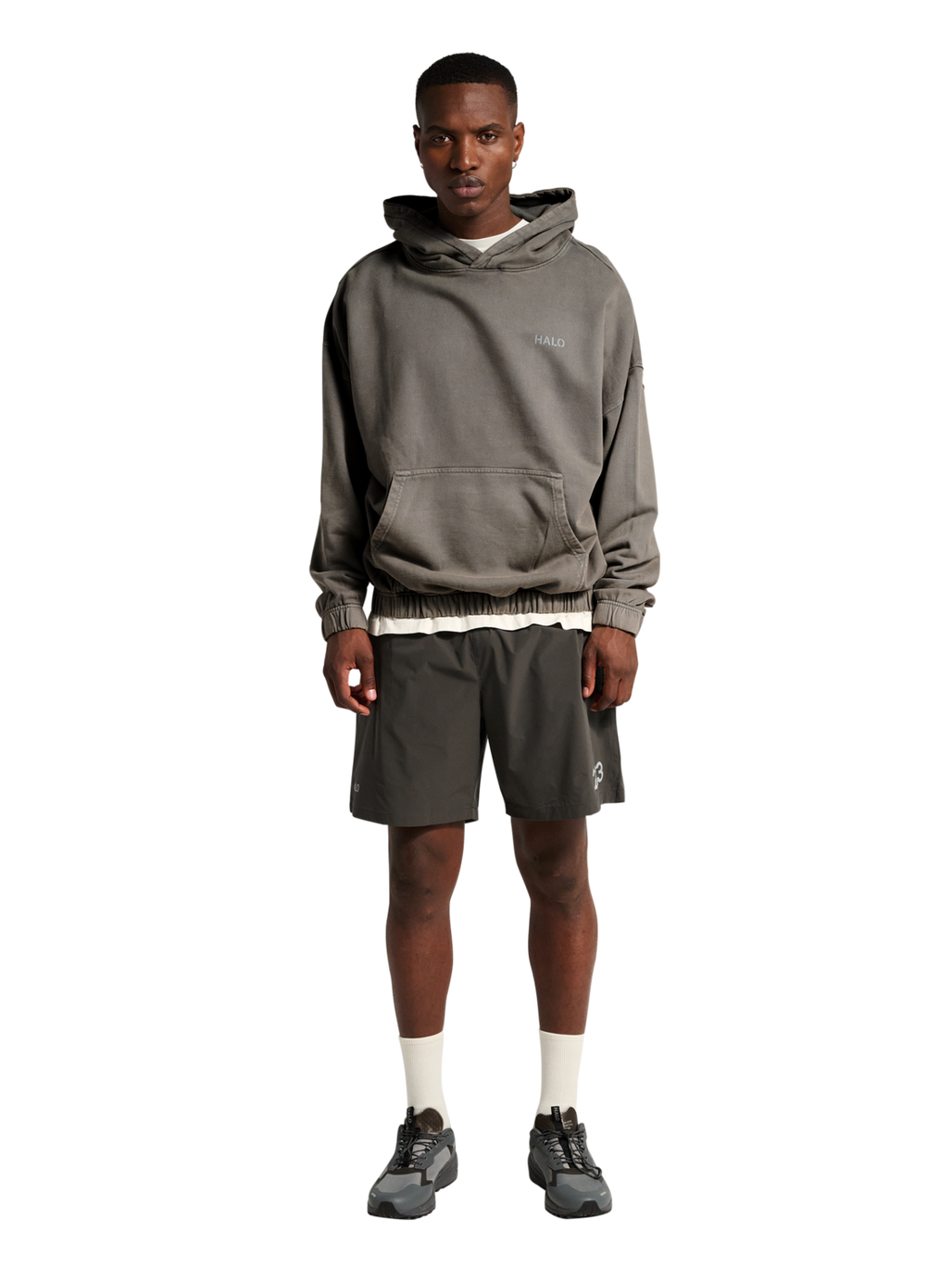HALO DHOBI BOXY HOODIE, GUNMETAL, model