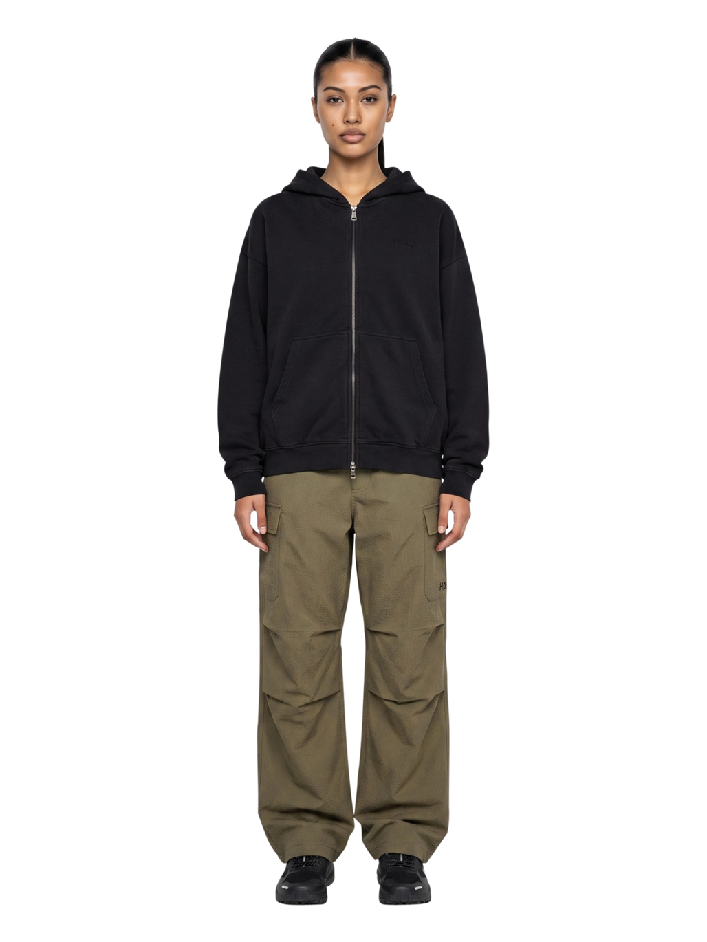 HALO LOGO FULL ZIP HOODIE, BLACK, model