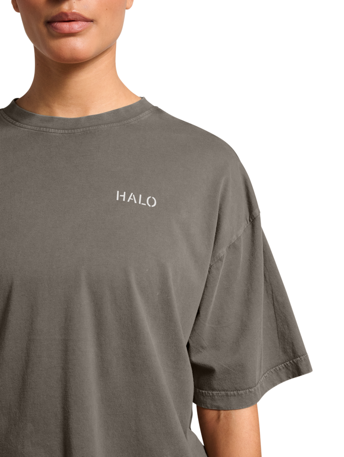 HALO DHOBI BOXY T-SHIRT, GUNMETAL, model