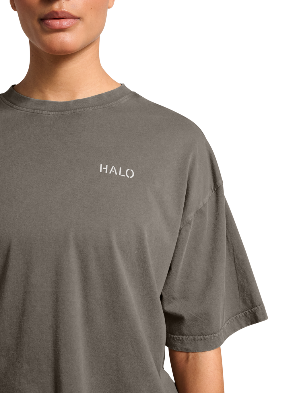 HALO DHOBI BOXY T-SHIRT, GUNMETAL, model