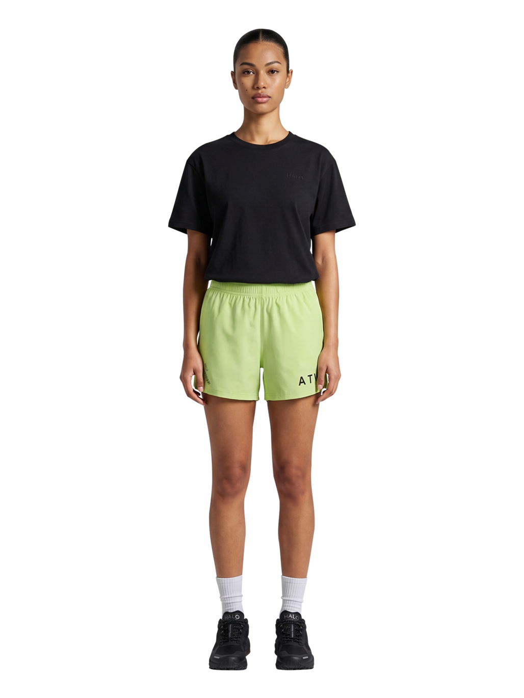 HALO SHORTS, SHADOW LIME, model